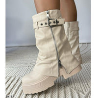 Bota beige doblez detalle correa cierre plateado suela 6cm  SM572  C- 69