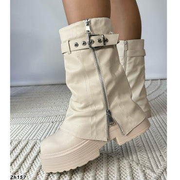 Bota beige doblez detalle correa cierre plateado suela 6cm  SM572  C- 69