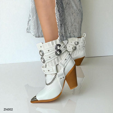 Botin texano blanco correas y cadena plateado tacon 10cm  HX3088-C1080