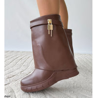 Bota café doblez detalle dorado suela 8cm   HX3090-C1099