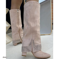 Bota caña alta beige doblez apliques plateado tacon 9cm  255-108