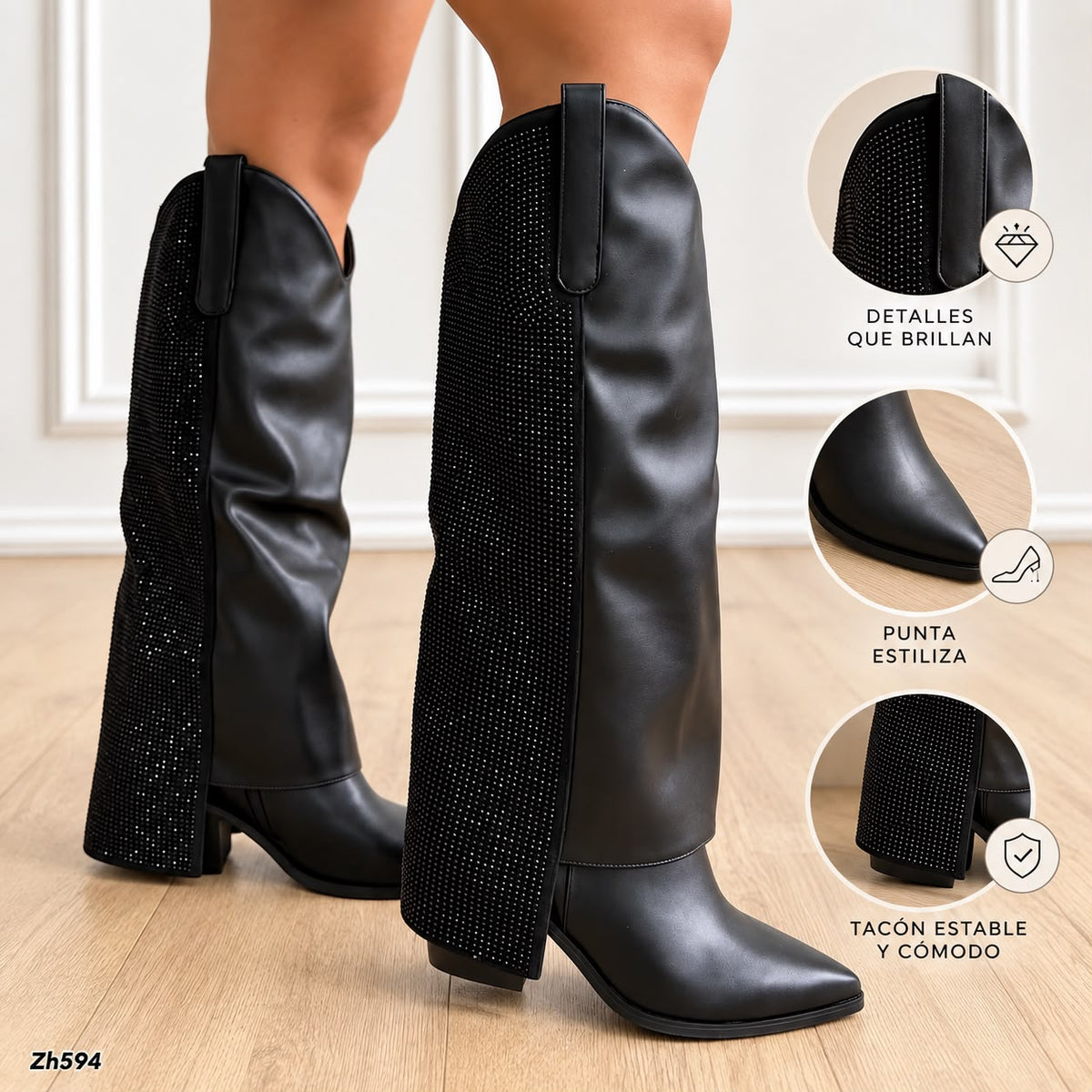 Bota texana negro doblez apliques brillante tacon  8cm  HX3191-B0060