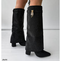 Bota caña alta negro doblez apliques brillantes tacon 10cm  G719  C-131