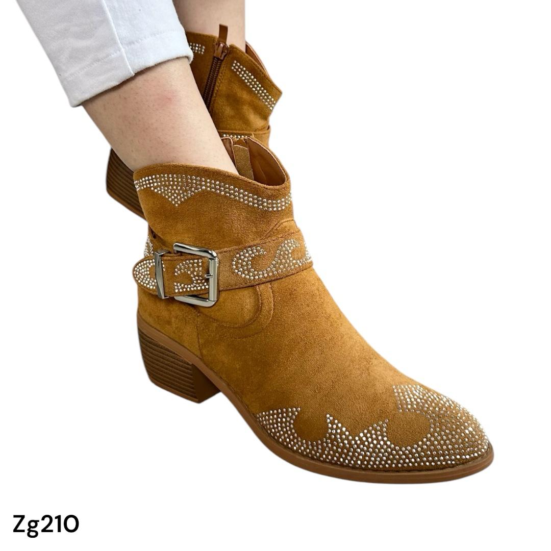 Botin cafe apliques brillantes tacon 5cm  A9537  C-13