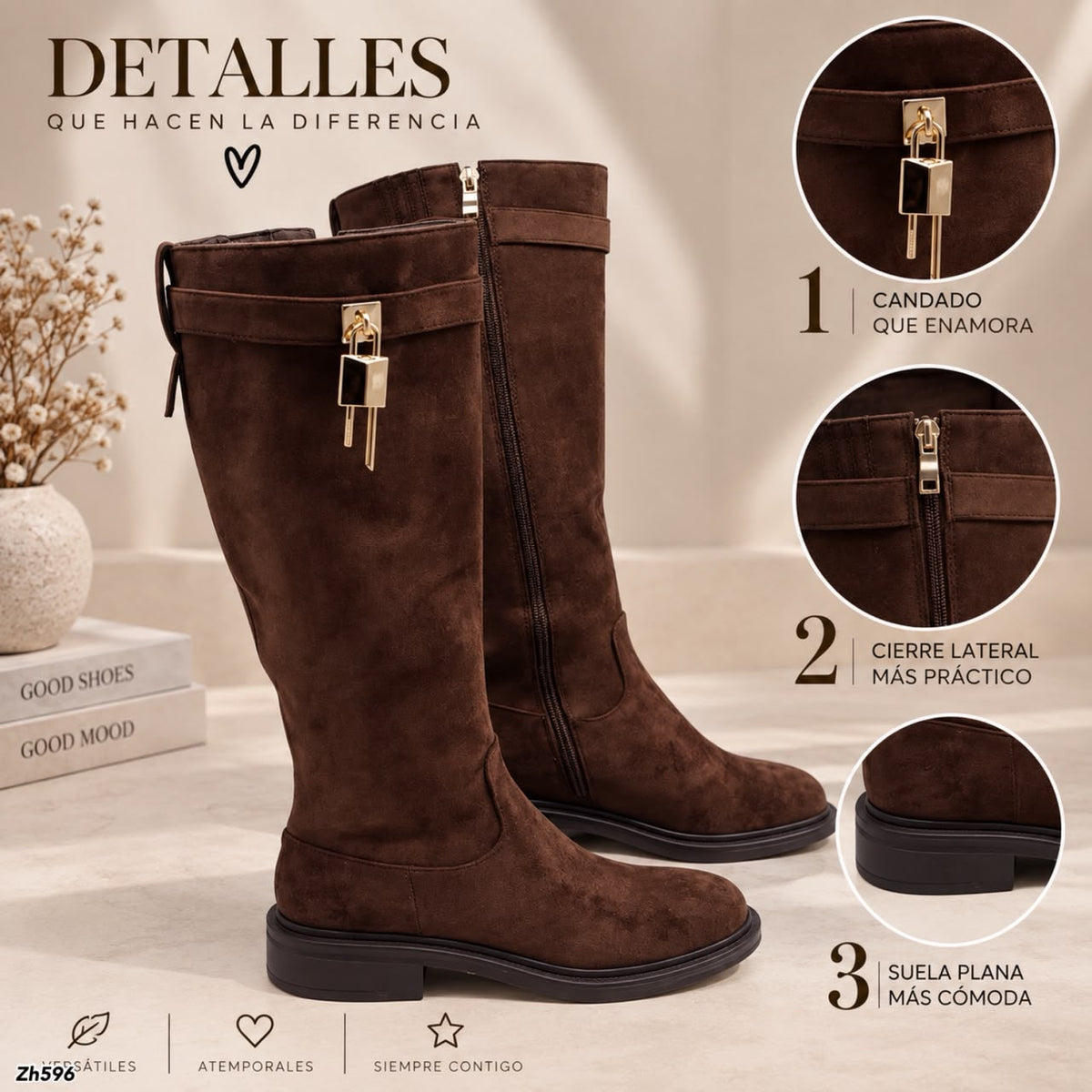 Bota caña alta café detalle dorado tacon 4cm   HX3373-C1799