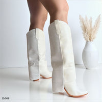 Bota texana blanco doblez apliques brillantes  tacon 10cm  255-100