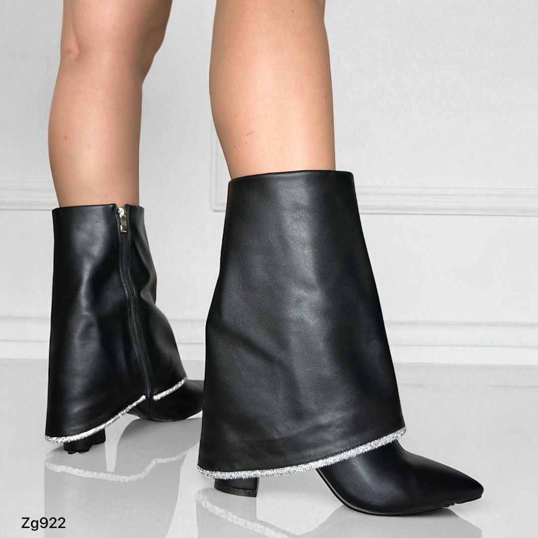Botin negro doblez apliques brillantes tacon 8cm    255-021