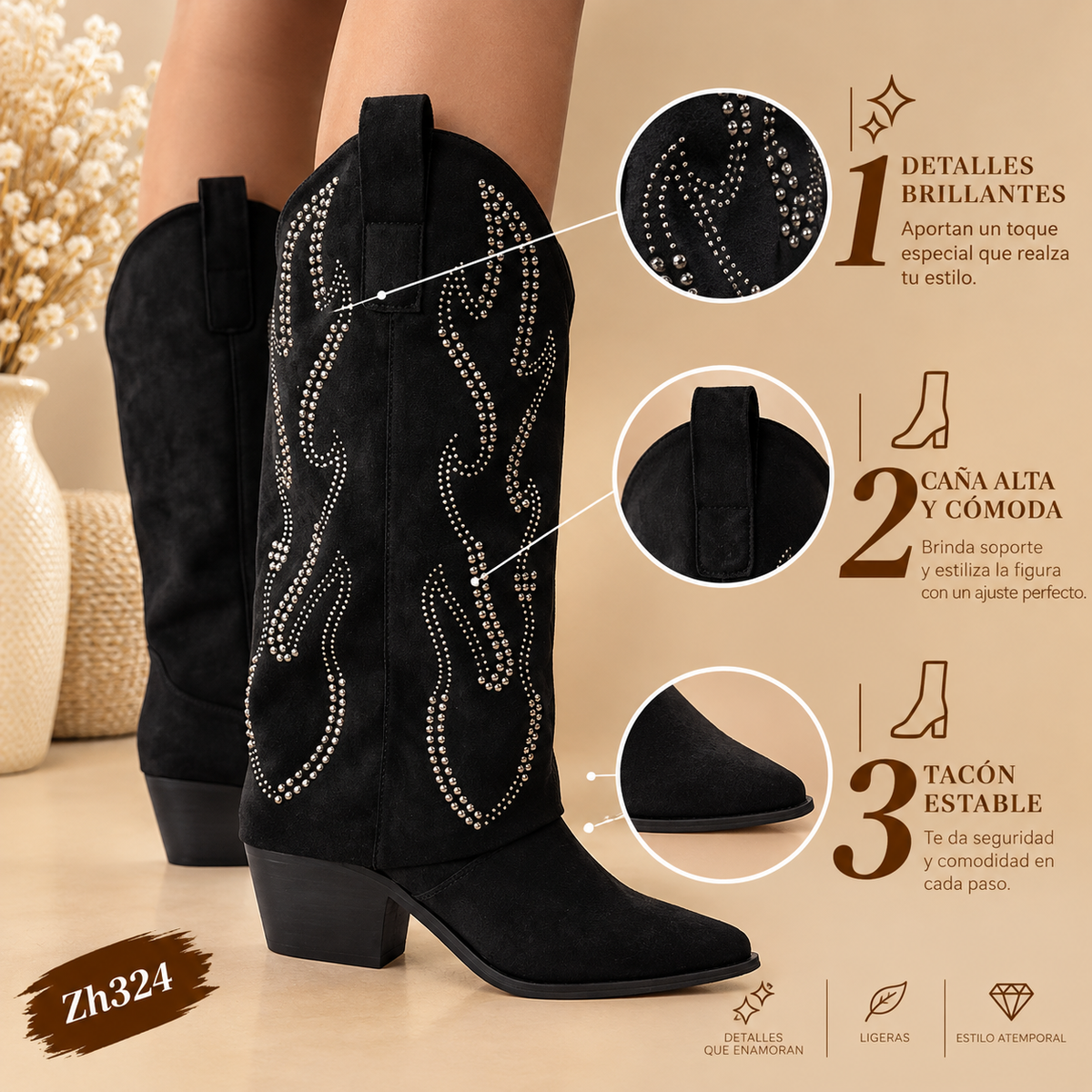 Bota texana negro doblez apliques plateado tacon 6cm  M-825  C-125