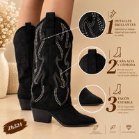 Bota texana negro doblez apliques plateado tacon 6cm  M-825  C-125