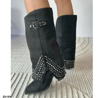 Bota texana negro doblez apliques plomo tacon 9cm  255-040