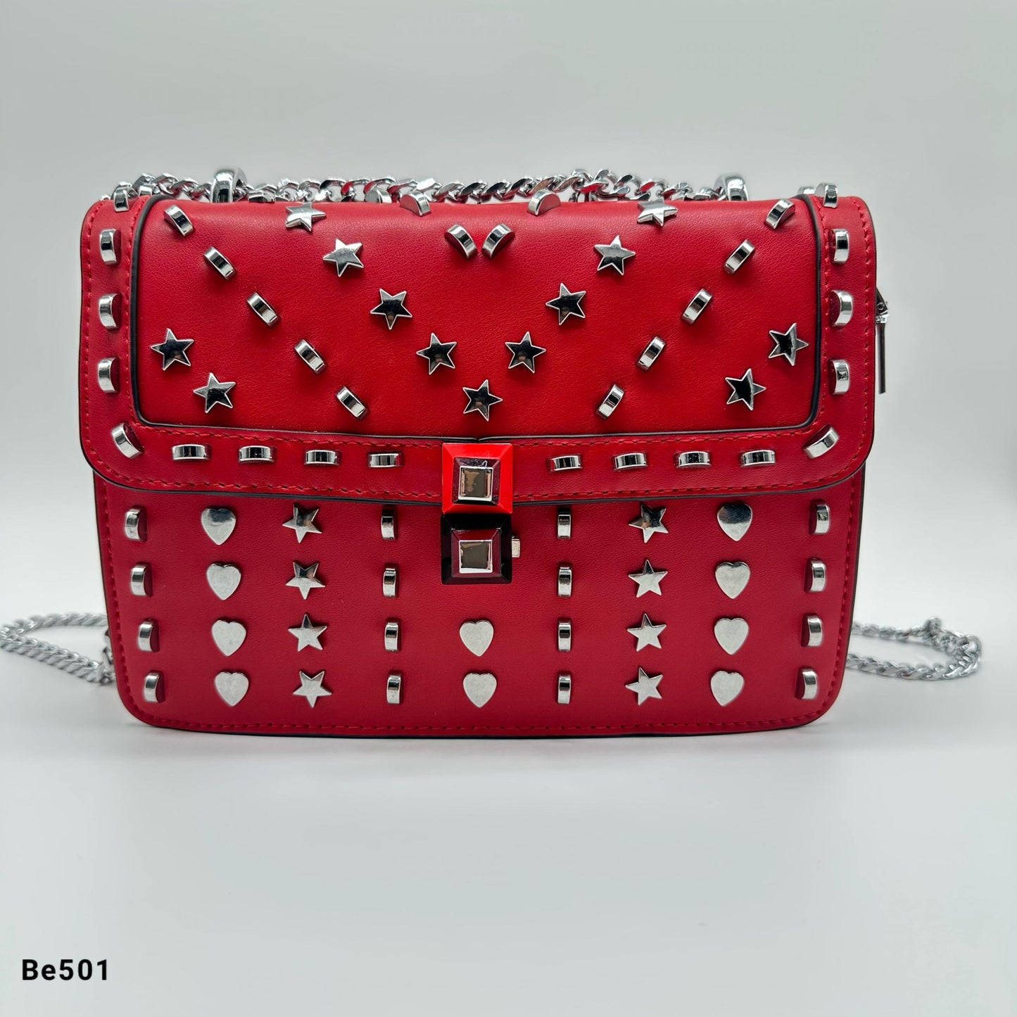 Bolso rojo apliques y cadena plateado   24cm* 9cm* 18cm   C - 23196-A