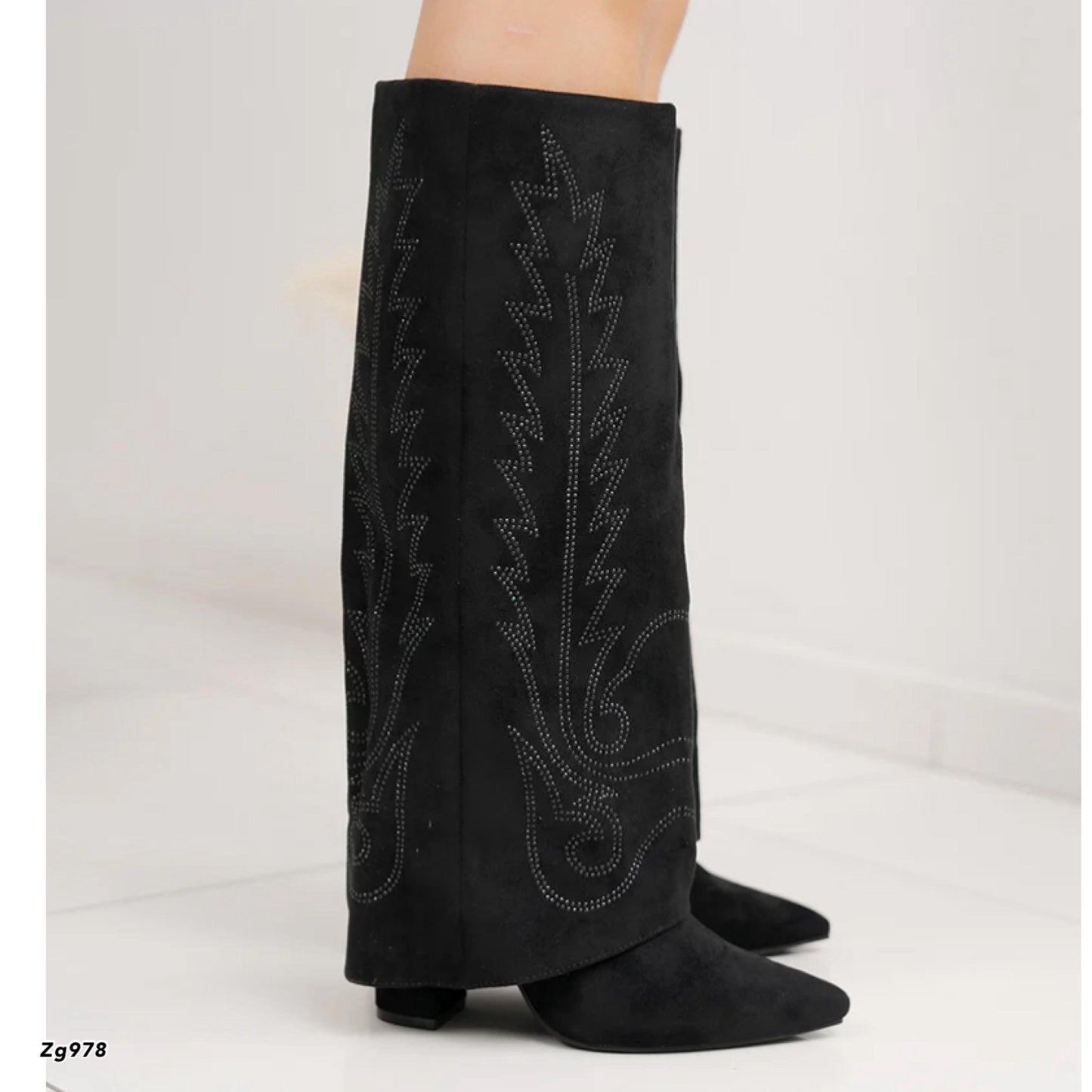 Bota texana negro doblez apliques brillantes tacon 9cm 7675A  C-48