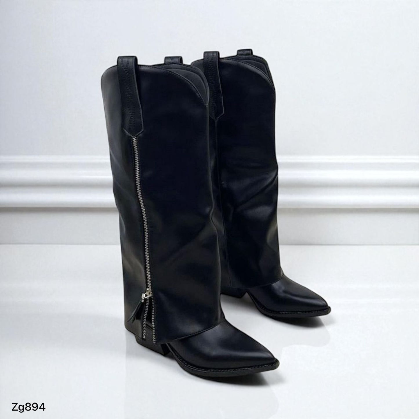 Bota texana negro doblez  cierre plateado tacon 6cm  D8235  C-16