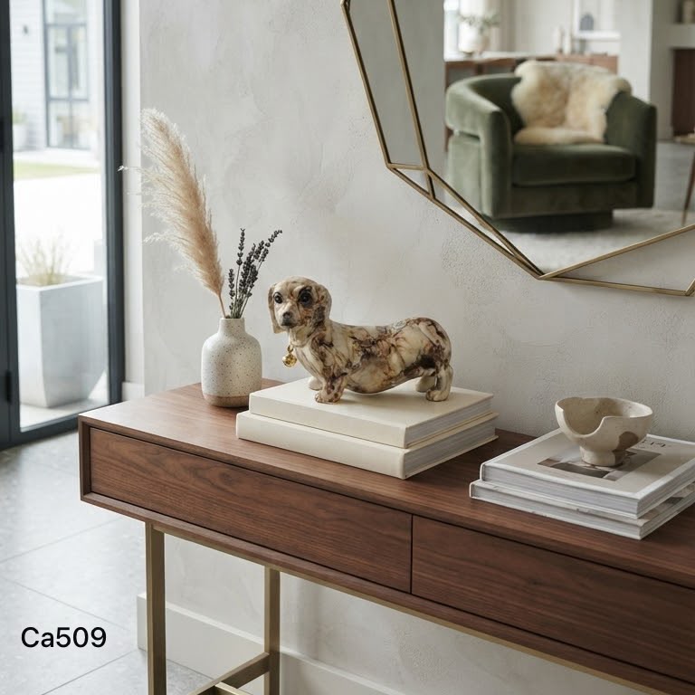 Articulo decorativo perro salchicha beige marmolizado detalle dorado  22cm* 9cm* 13cm