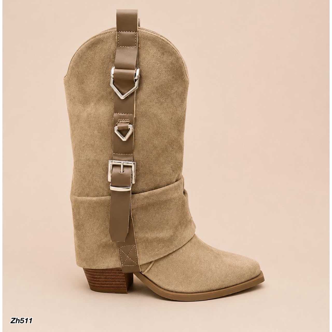 Bota texana beige doblez detalle correa tacon 9cm  A9852   C-160