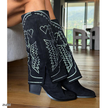 Bota texana negro doblez apliques brillantes tacon 7cm  HX3170-B9573