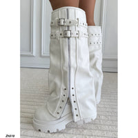 Bota caña alta blanco doblez cierre y correas plateado suela 6cm   HX3167-B9578