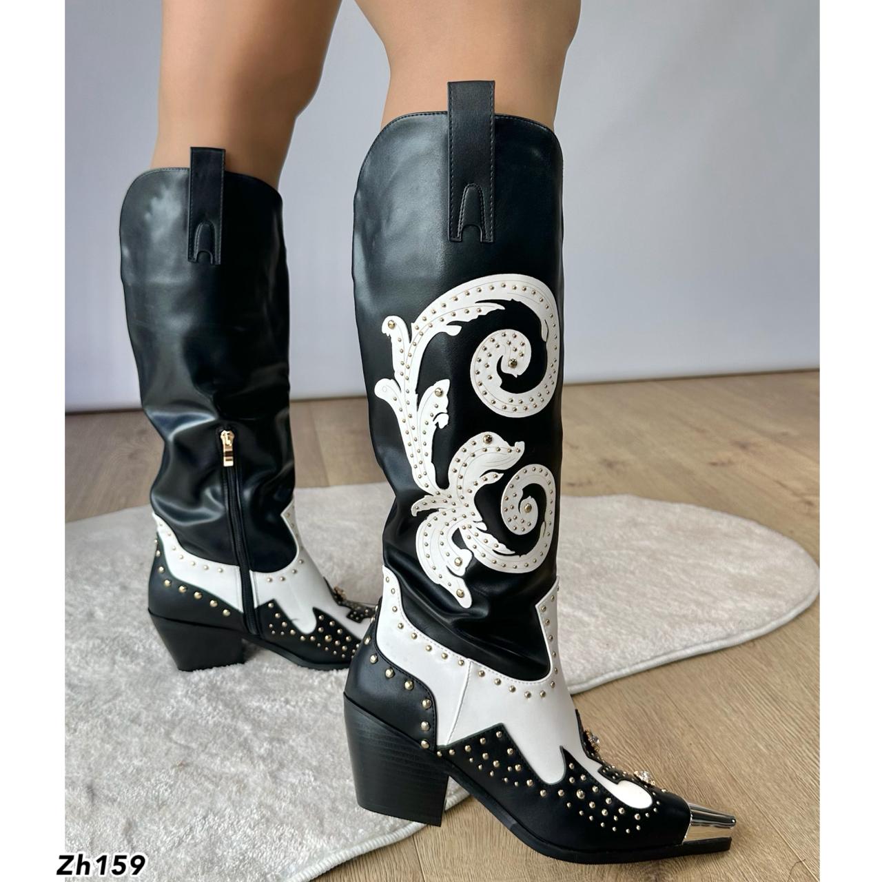Bota texana negro detalles blanco apliques dorado punta plateado tacon 6cm 255-123