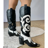 Bota texana negro detalles blanco apliques dorado punta plateado tacon 6cm 255-123
