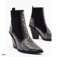 Botin negro apliques plateados resorte tacon 10cm  15757  C-14