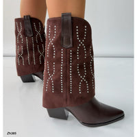 Bota texana cafe doblez apliques plateado tacon 8cm  HX3108-C129  7