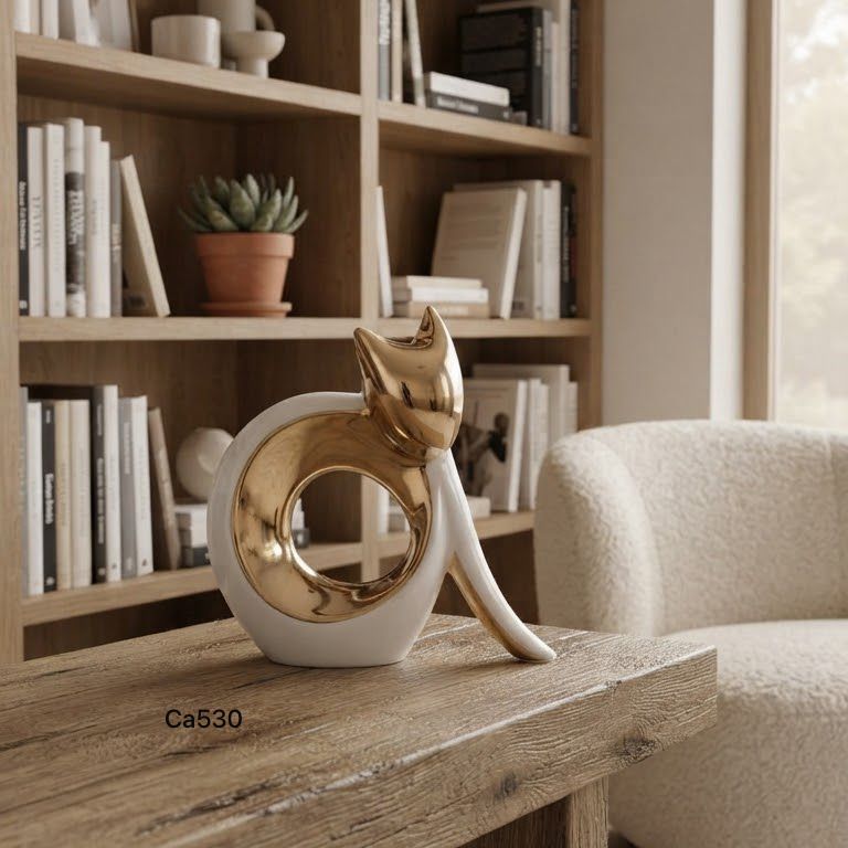 Articulo decorativo gato blanco con dorado diseño circulo  15,5cm* 6cm* 15cm