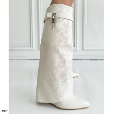 Bota caña alta blanco doblez textura detalle plateado tacon corrido 9cm  HX2697-C1179A