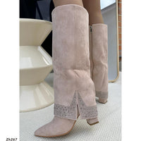 Bota caña alta beige doblez apliques plateado tacon 9cm  255-108
