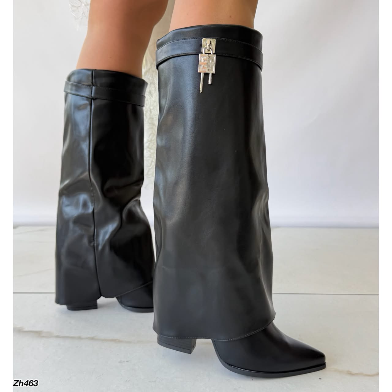 Bota caña alta negro doblez detalle plateado tacon 9cm  AA9B-X3216-58  C-147