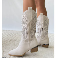 Bota texana beige apliques plateado tacon 5cm  HX3361-C1784