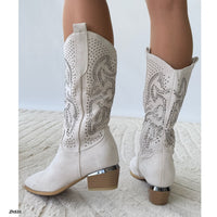 Bota texana beige apliques plateado tacon 5cm  HX3361-C1784