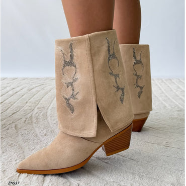 Botin texano beige doblez apliques brillante tacon 6cm  HX3325-C1749