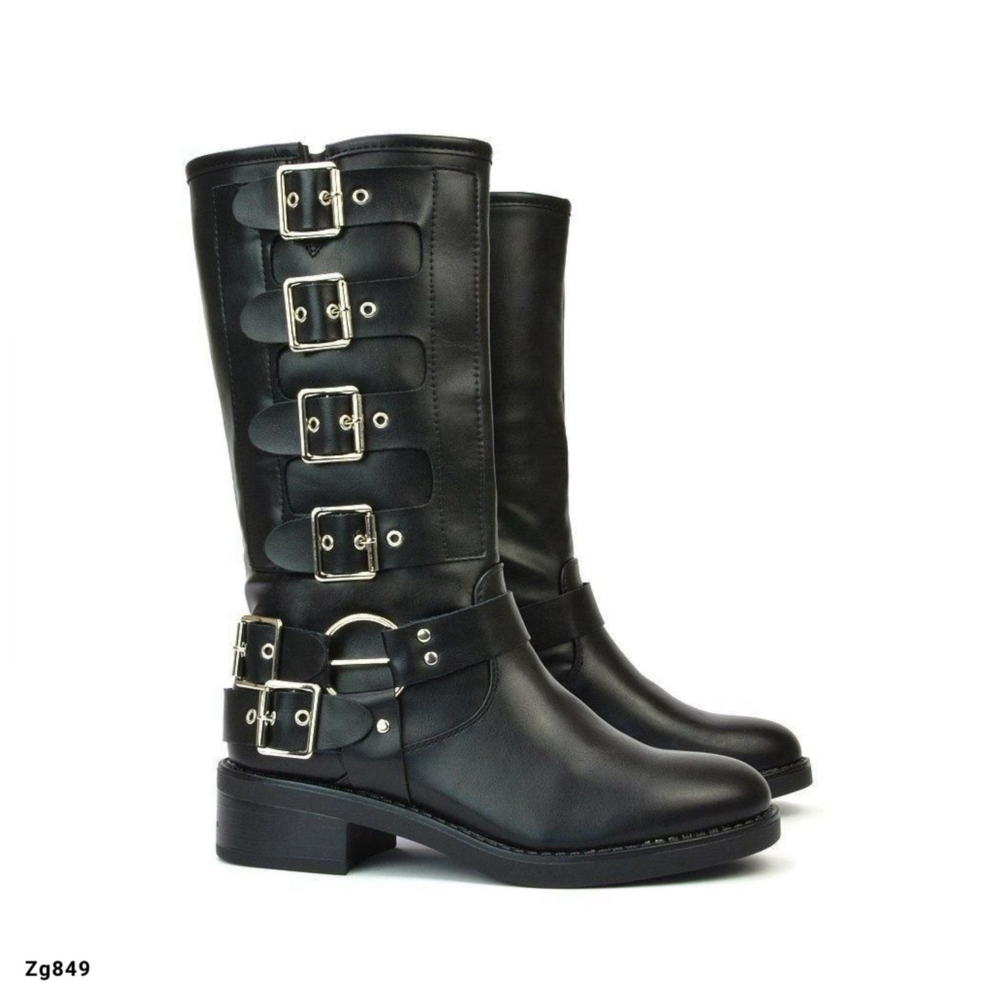 Bota negro caña media detalle correas hebilla plateado tacon 4cm  2Y3806-3  C-6