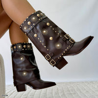 Botin texana cafe doblez apliques dorado tacon 8cm   HX3198-B0223
