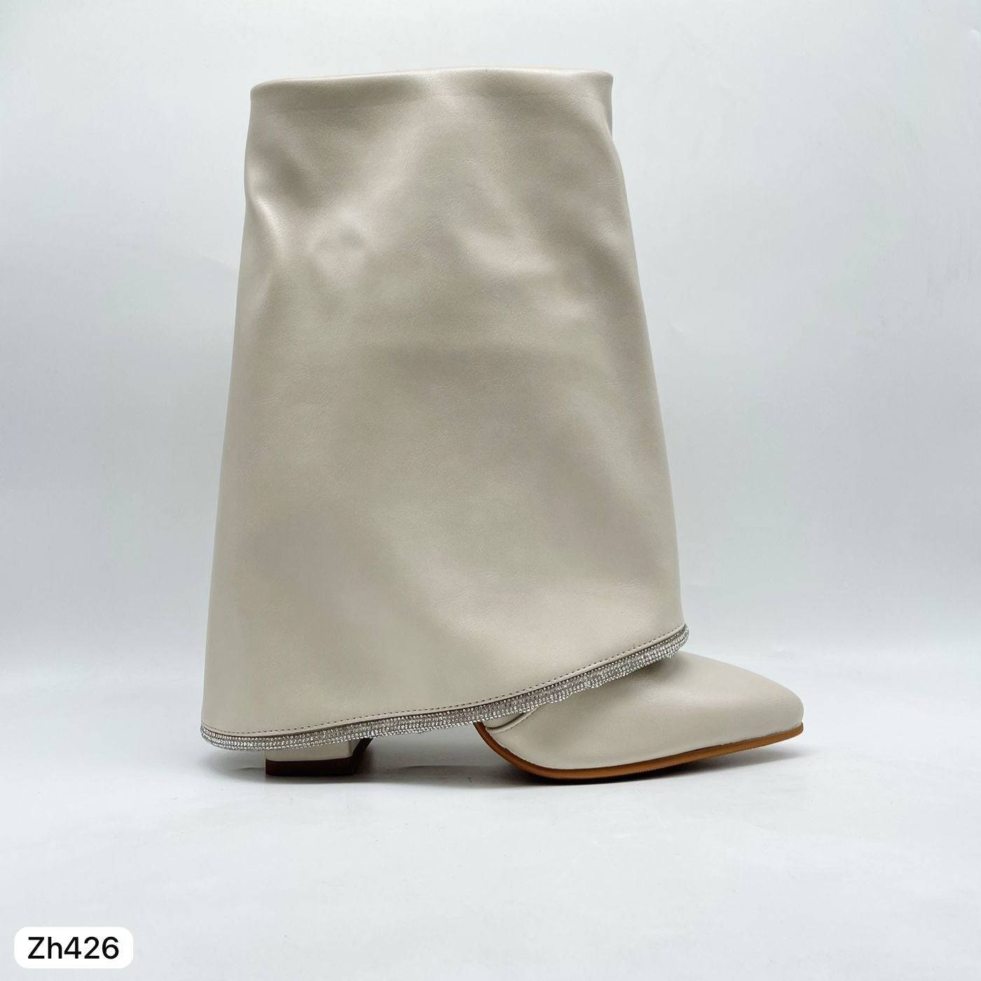Botin beige doblez apliques brillante borde tacon 10cm  HX3079-B0019