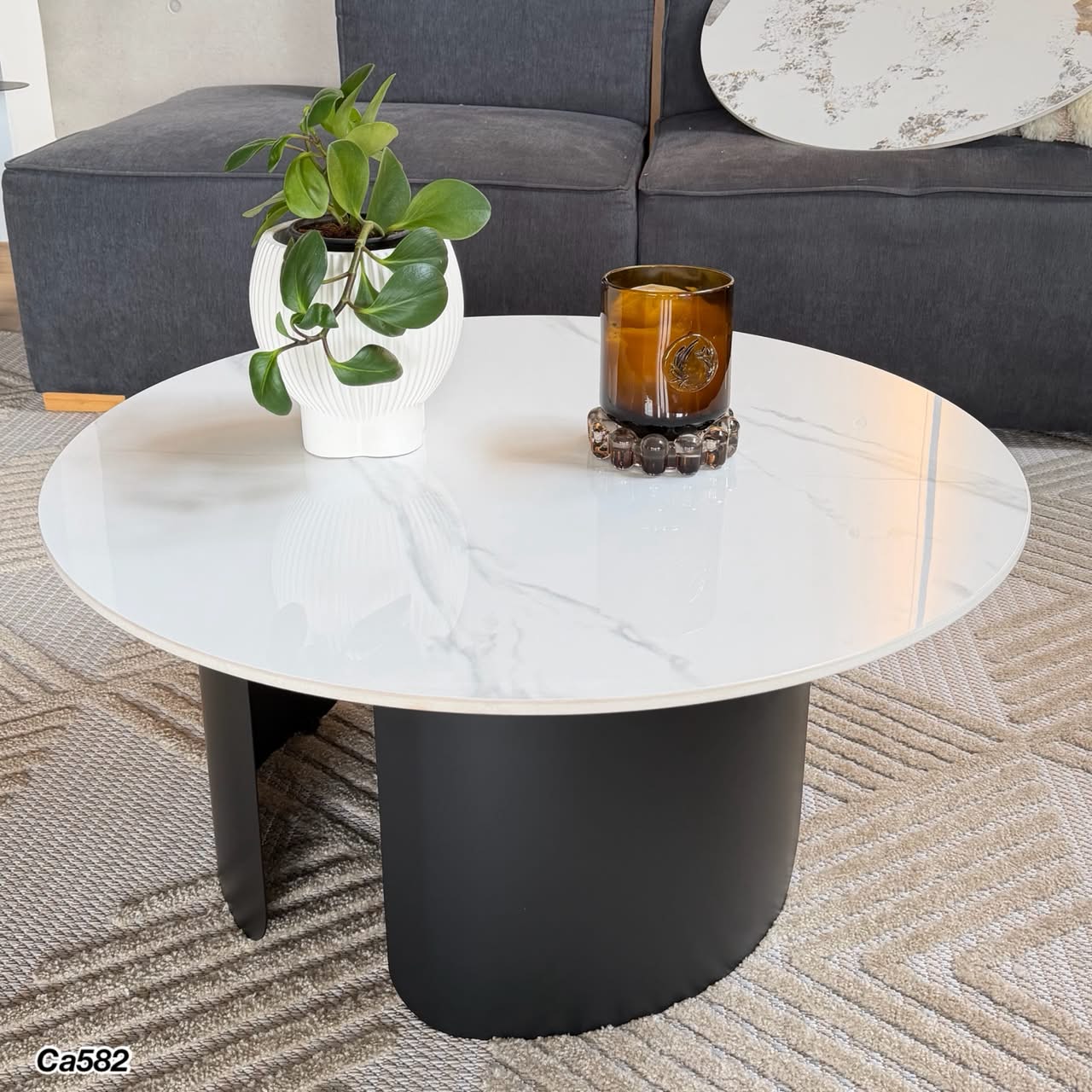 Mesa de centro piedra blanco base metal negro   80cm* 40cm