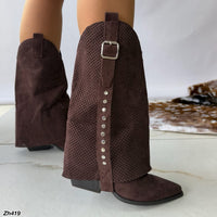 Bota texana café oscuro doblez detalle malla apliques plateado tacon 7cm   YY-93    C-141