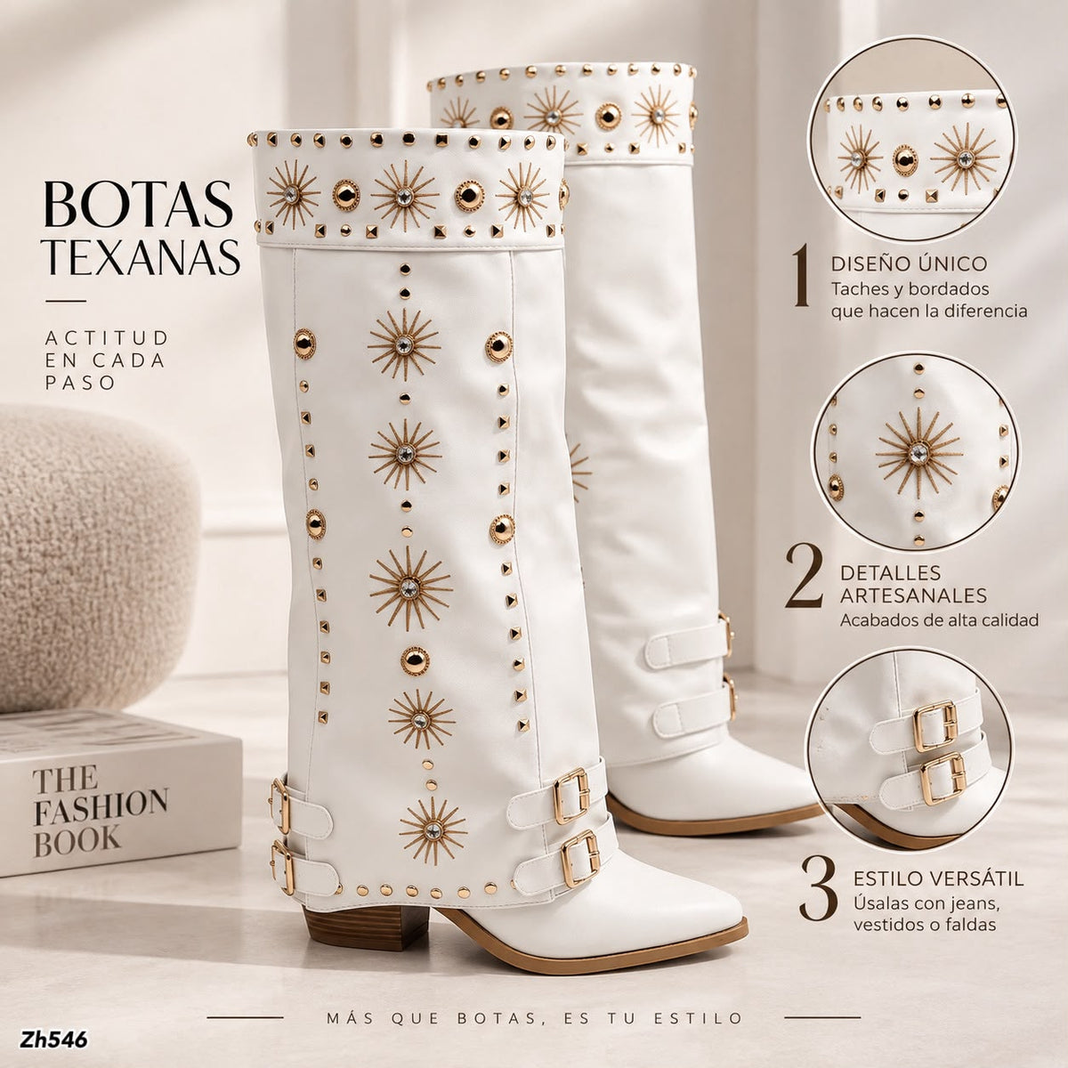 Bota texana blanco doblez apliques dorado tacon 8cm  HX3198-B0199