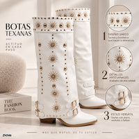 Bota texana blanco doblez apliques dorado tacon 8cm  HX3198-B0199