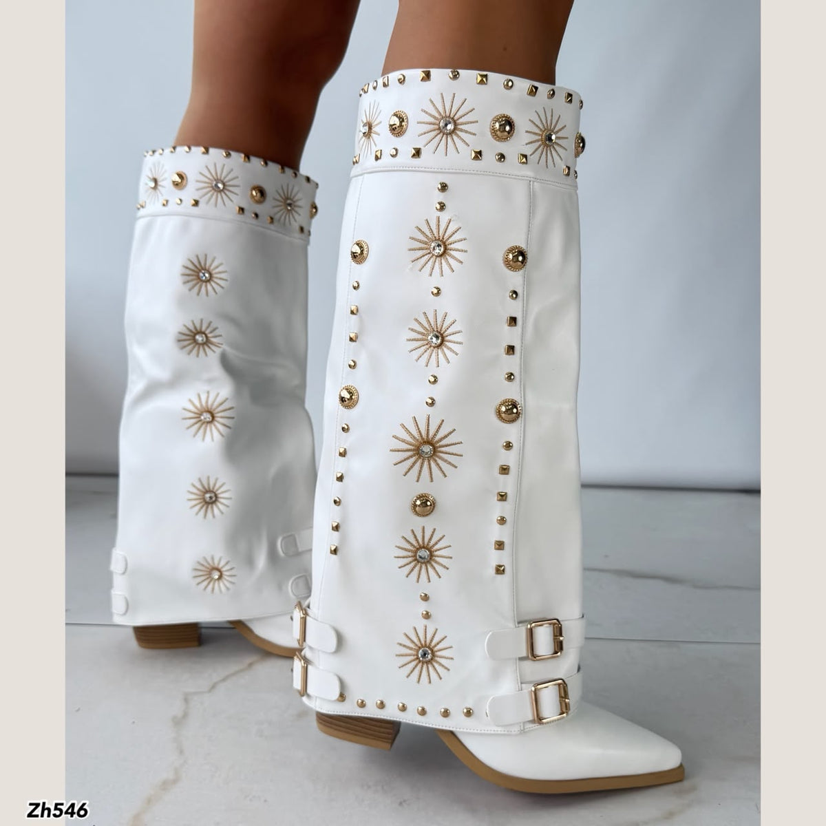 Bota texana blanco doblez apliques dorado tacon 8cm  HX3198-B0199