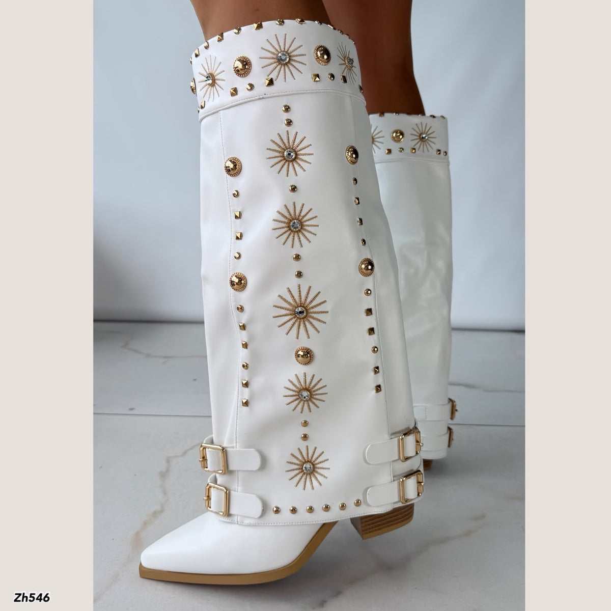Bota texana blanco doblez apliques dorado tacon 8cm  HX3198-B0199