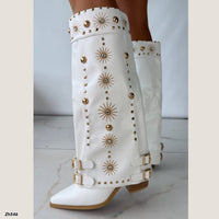 Bota texana blanco doblez apliques dorado tacon 8cm  HX3198-B0199