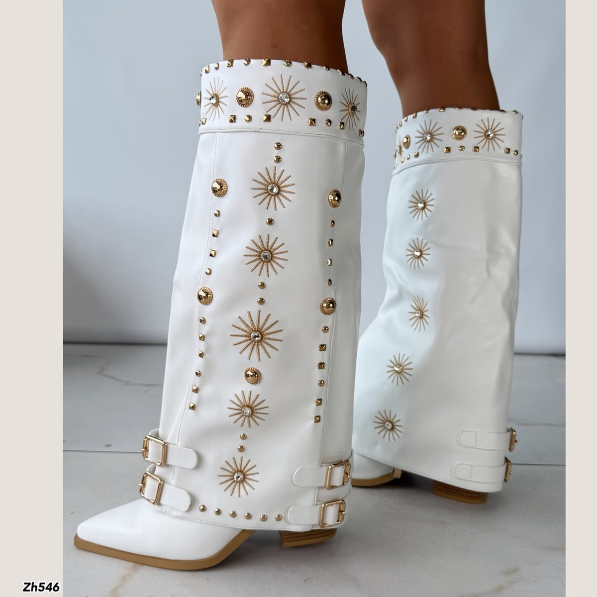 Bota texana blanco doblez apliques dorado tacon 8cm  HX3198-B0199
