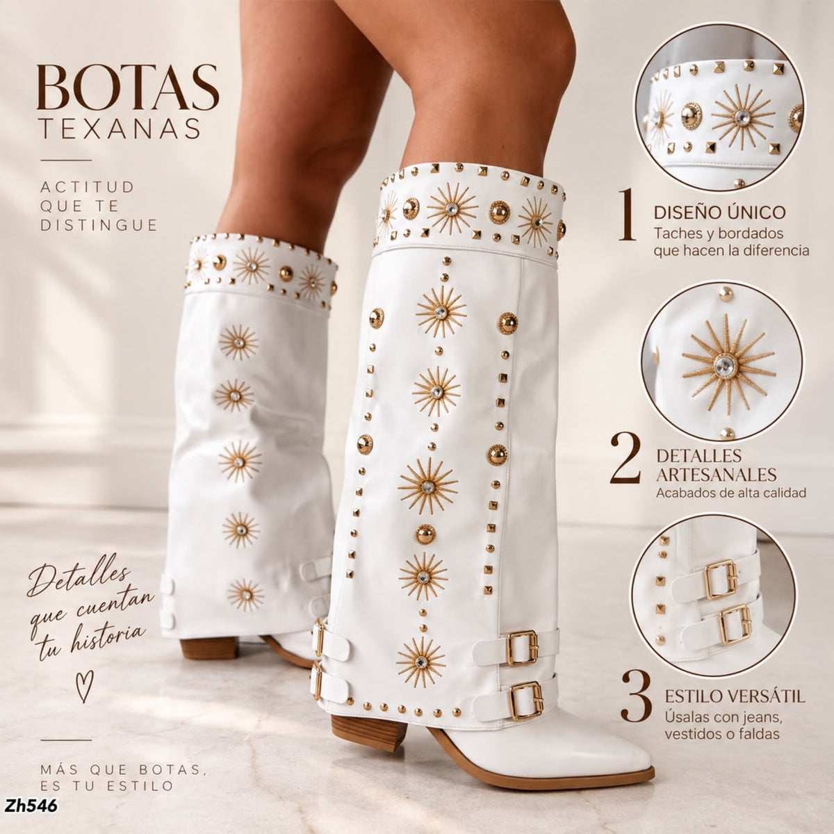 Bota texana blanco doblez apliques dorado tacon 8cm  HX3198-B0199