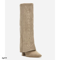 Bota texana beige doblez apliques dorado tacon 9cm 7675A   C-48