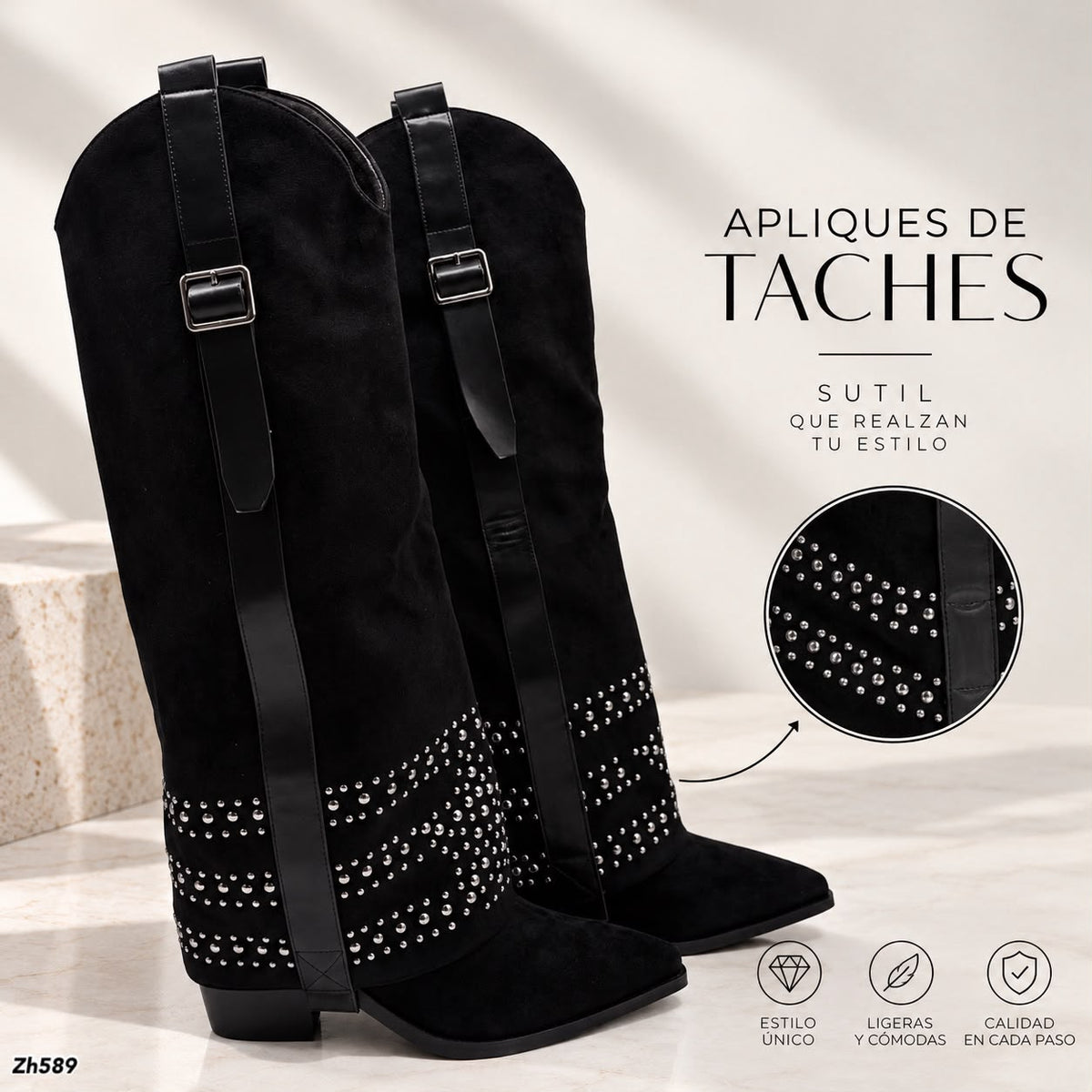 Bota texana negro doblez apliques plateado tacon 8cm  HX3198-B0204