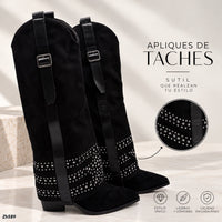 Bota texana negro doblez apliques plateado tacon 8cm  HX3198-B0204