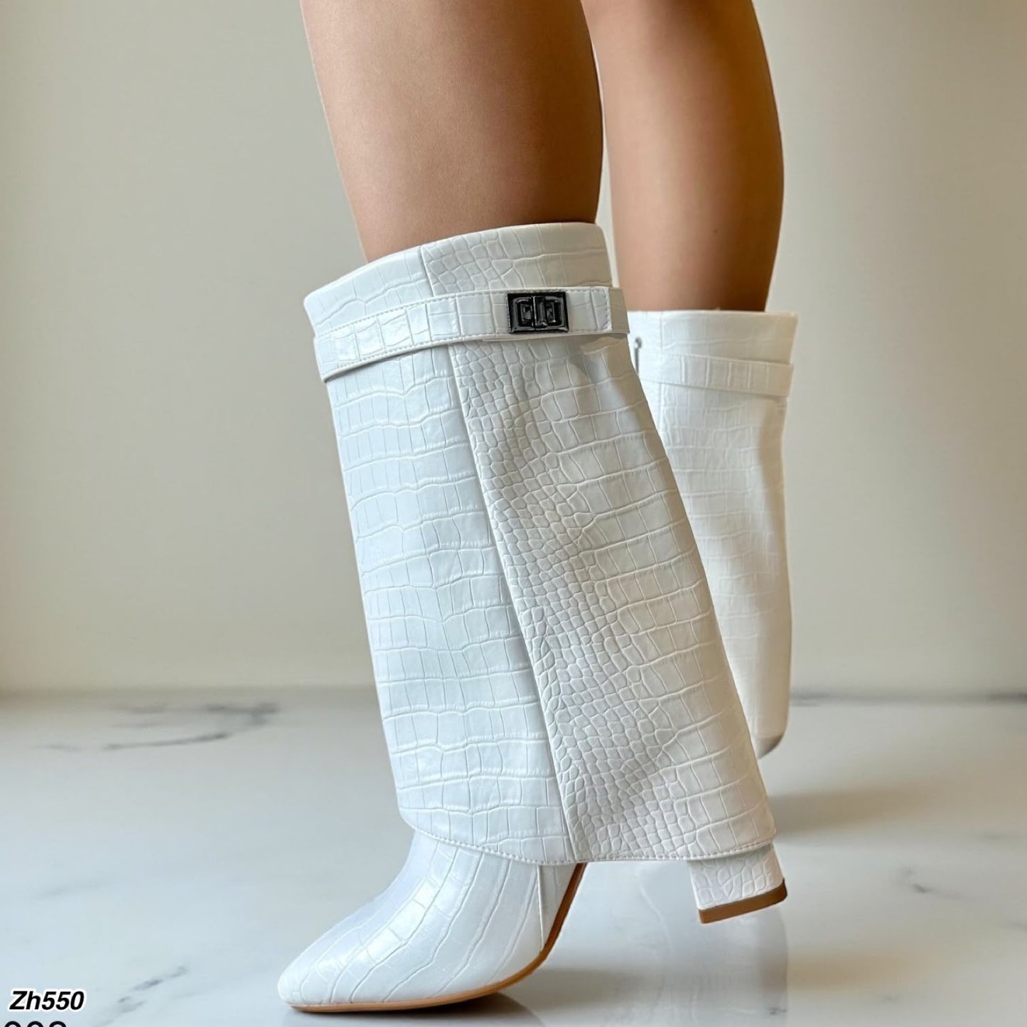 Botin blanco doblez textura detalle plomo tacon 10cm  HX3079-B9370