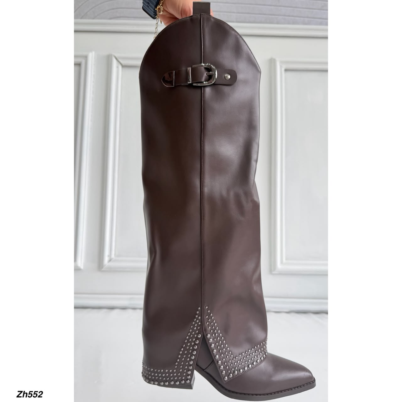 Bota texana café doblez apliques plomo tacon 8cm   HX2997-B9926