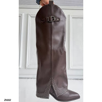 Bota texana café doblez apliques plomo tacon 8cm   HX2997-B9926
